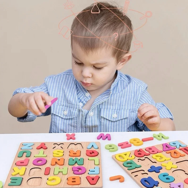 Alphabet Blocks Learning Puzzle, Wooden ABC Letters Colorful Educational Puzzle Toy Board for Toddlers & Kids, Multi-Colored