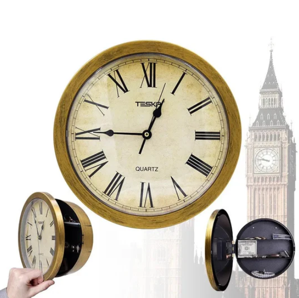 Hidden Clock Safe Retro Round Wall clock Gold Or Silver Color