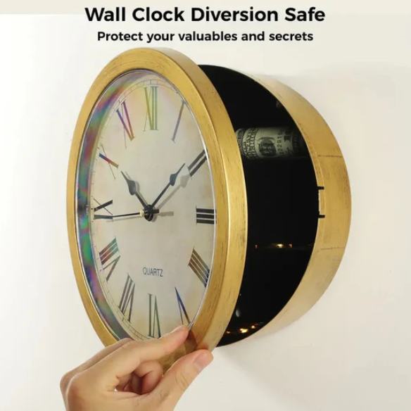 Hidden Clock Safe Retro Round Wall clock Gold Or Silver Color