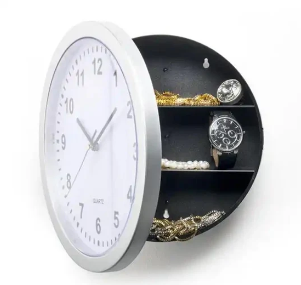 Hidden Clock Safe Retro Round Wall clock Gold Or Silver Color