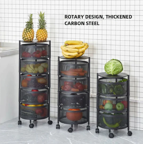 4 Layer Round Basket Kitchen Rotating Metal Storage Cages With Wheels Cart