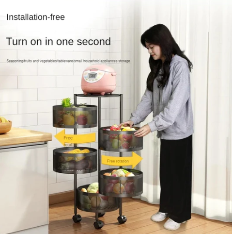 4 Layer Round Basket Kitchen Rotating Metal Storage Cages With Wheels Cart