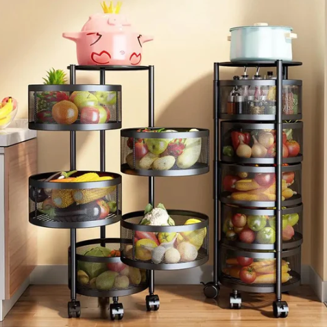 4 Layer Round Basket Kitchen Rotating Metal Storage Cages With Wheels Cart
