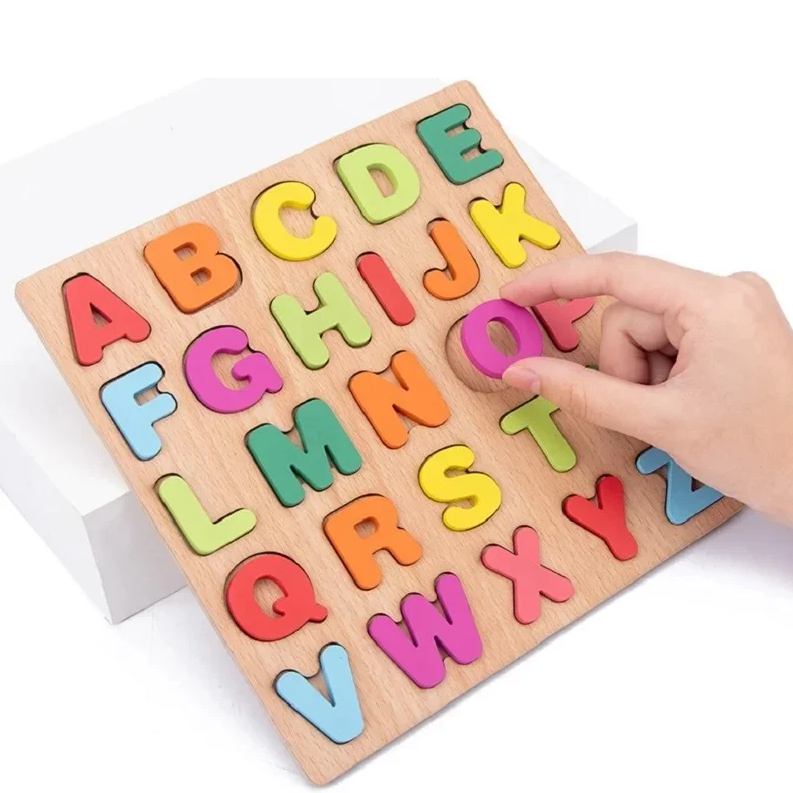 Alphabet Blocks Learning Puzzle, Wooden ABC Letters Colorful Educational Puzzle Toy Board for Toddlers & Kids, Multi-Colored